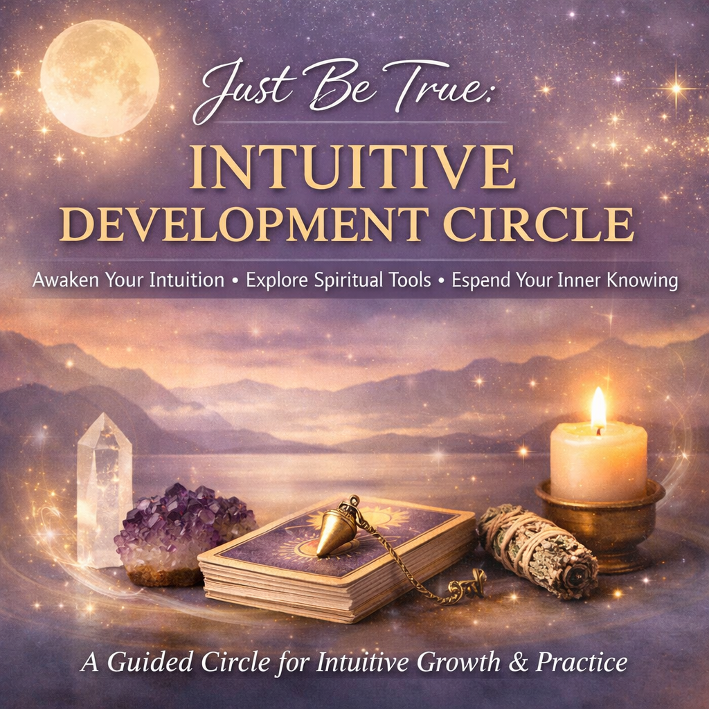 Promotional graphic for an Intuitive Development Circle, featuring mystical elements like crystals, tarot cards, and a lit candle against a starry purple background.
